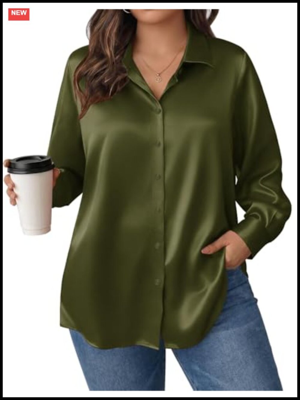 Plus Size Satin Button Down Blouse Long Sleeve Silk Shirt